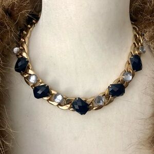 Elegant Gold Statement Necklace with Dark Blue and Light Blue Stones